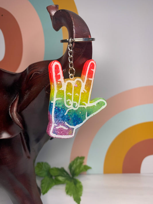 ASL Keychain - I Love You! - Sparkling Rainbow